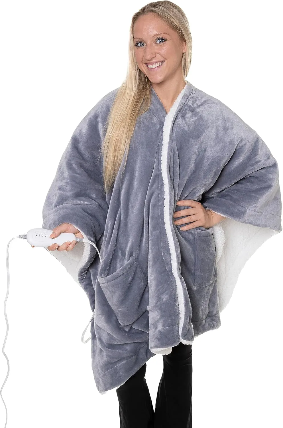 Snuggie Heated Wrap - Wearable Heated Electric Blanket with 4 Heat Settings, Auto Off, 50" x 60" Machine Washable, Warm, Cozy, Super Soft Sherpa, Functional Shawl for Adults- Grey