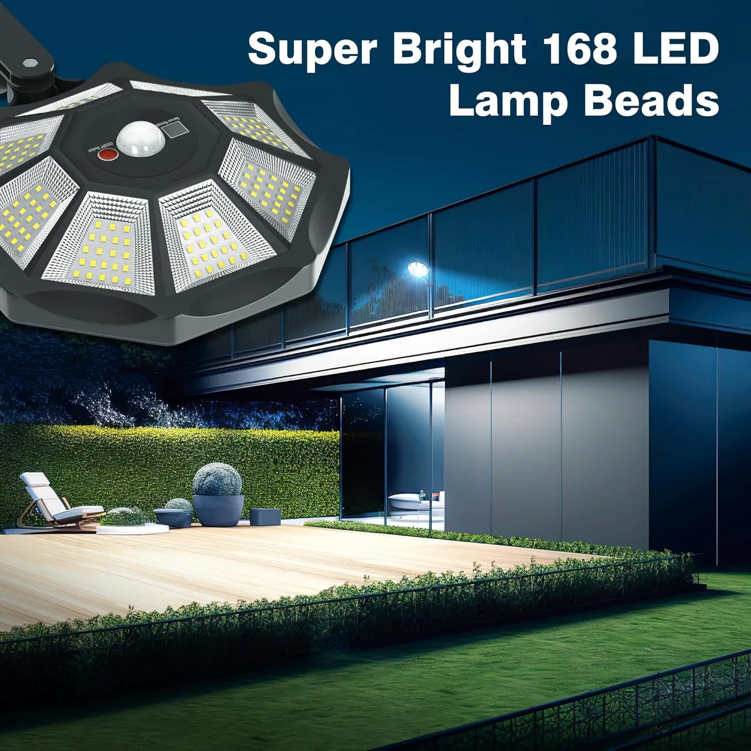 Solar Lights Outdoor, 168LED 6500K Flood Light Dusk to Dawn, 8 Sides Solar Outdoor Lights with Motion Sensor, IP66 Waterproof Solar Street Lights Outdoor for Yard, Pools(2 Pack)