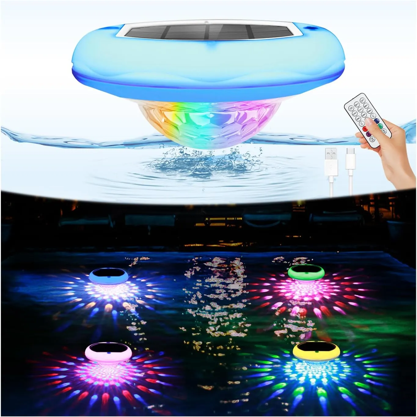 Solar Pool Lights, USB Rechargeable Floating Pool Lights, 6.69 Inch IP68 Waterproof 6 Dynamic Modes Upper and Lower Color Changing 2600mAh Hangable Floating Light with Remote for Garden 4 Pack