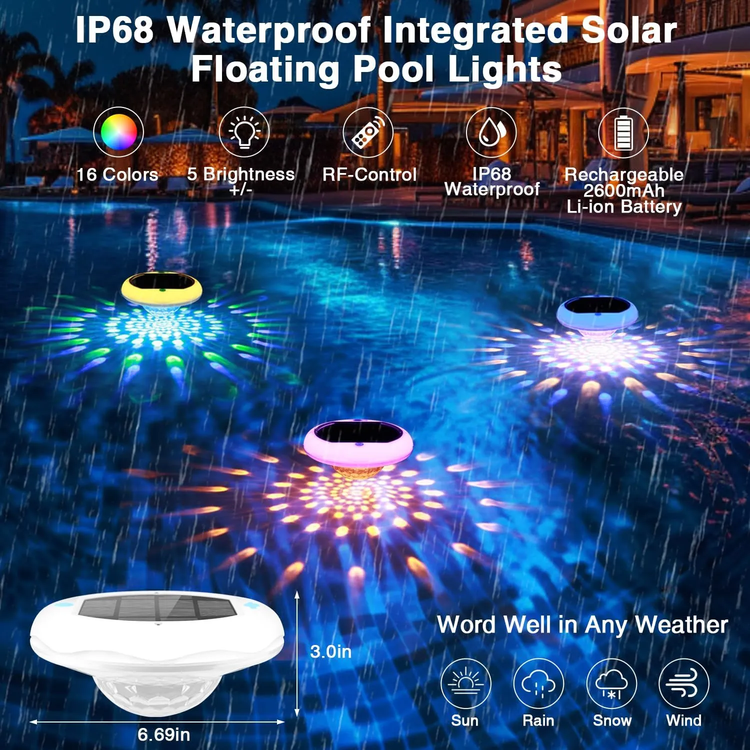 Solar Pool Lights, USB Rechargeable Floating Pool Lights, 6.69 Inch IP68 Waterproof 6 Dynamic Modes Upper and Lower Color Changing 2600mAh Hangable Floating Light with Remote for Garden 4 Pack