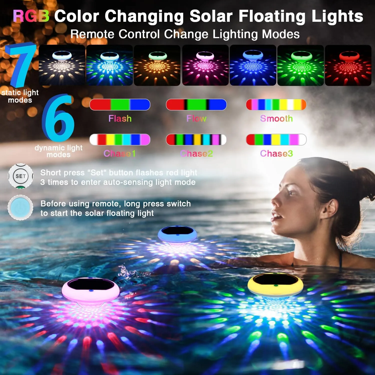 Solar Pool Lights, USB Rechargeable Floating Pool Lights, 6.69 Inch IP68 Waterproof 6 Dynamic Modes Upper and Lower Color Changing 2600mAh Hangable Floating Light with Remote for Garden 4 Pack