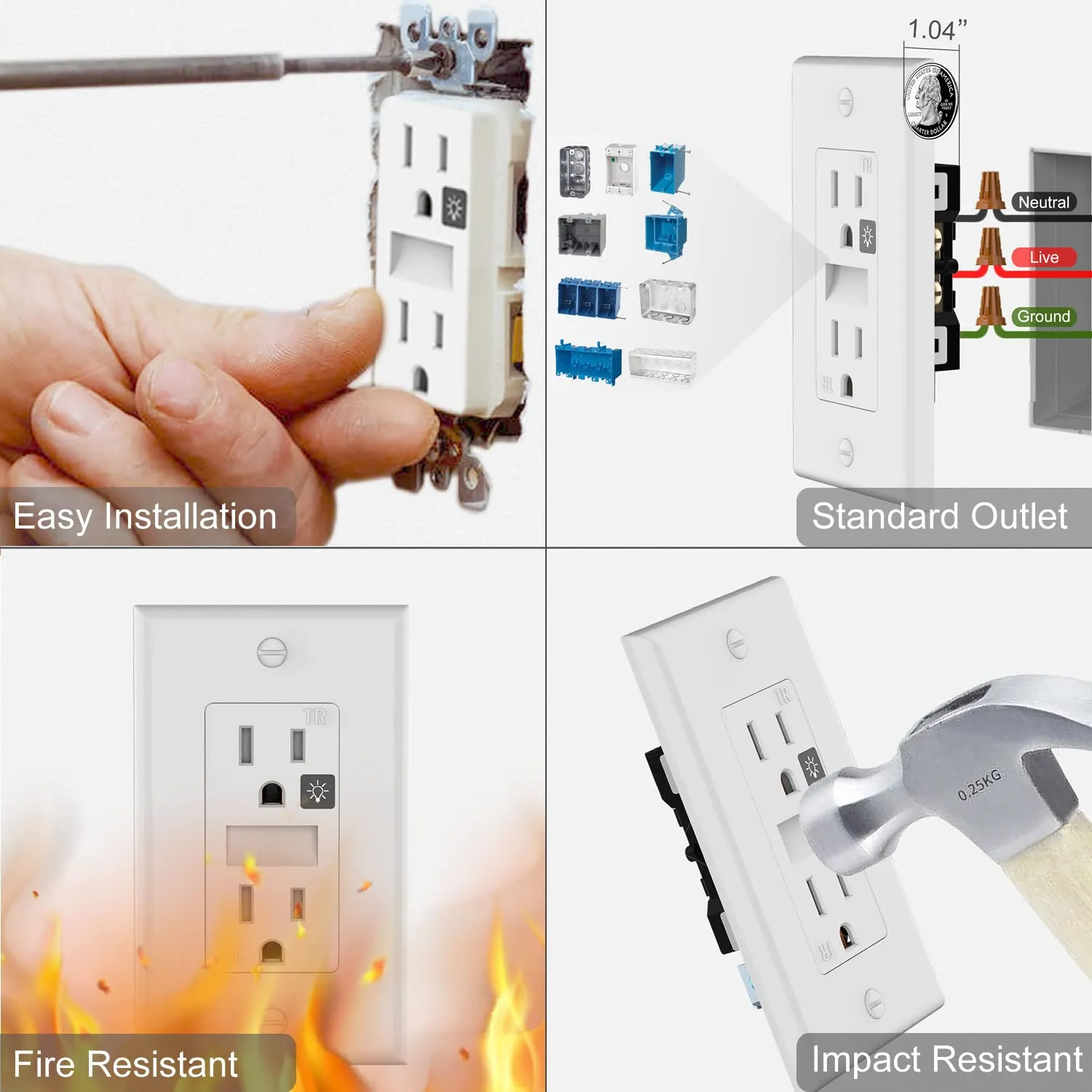 SOZULAMP Night Light Wall Outlet-Easy to Install,Standard Electrical Outlets with Nightlight,White,2 Pole 3 Wire,Non-Tamper Resistant,Wall Plate Included(4Pack,Daylight White LED)