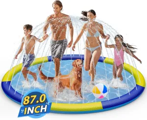 Splash Pad Sprinkler for Kids, 87" Extra Large Non-Slip Baby Play Mat - 3 Colors, Dog Pool Toys, Toddler Outdoor Toys for Ages 3-12 Boys Girls, Summer Outdoor Water Toys, Parent-Kids Games