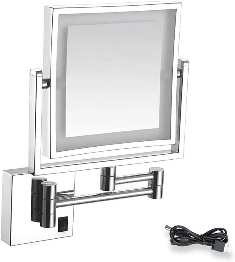 Square Bathroom Mirror Shaving Mirrors Make Up Wall Mounted USB Rechargeable LED Illuminated Mirror 3X Magnifying Simply and Luxury Decorate for Hotel Vanity Two Swivel