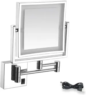 Square Bathroom Mirror Shaving Mirrors Make Up Wall Mounted USB Rechargeable LED Illuminated Mirror 3X Magnifying Simply and Luxury Decorate for Hotel Vanity Two Swivel