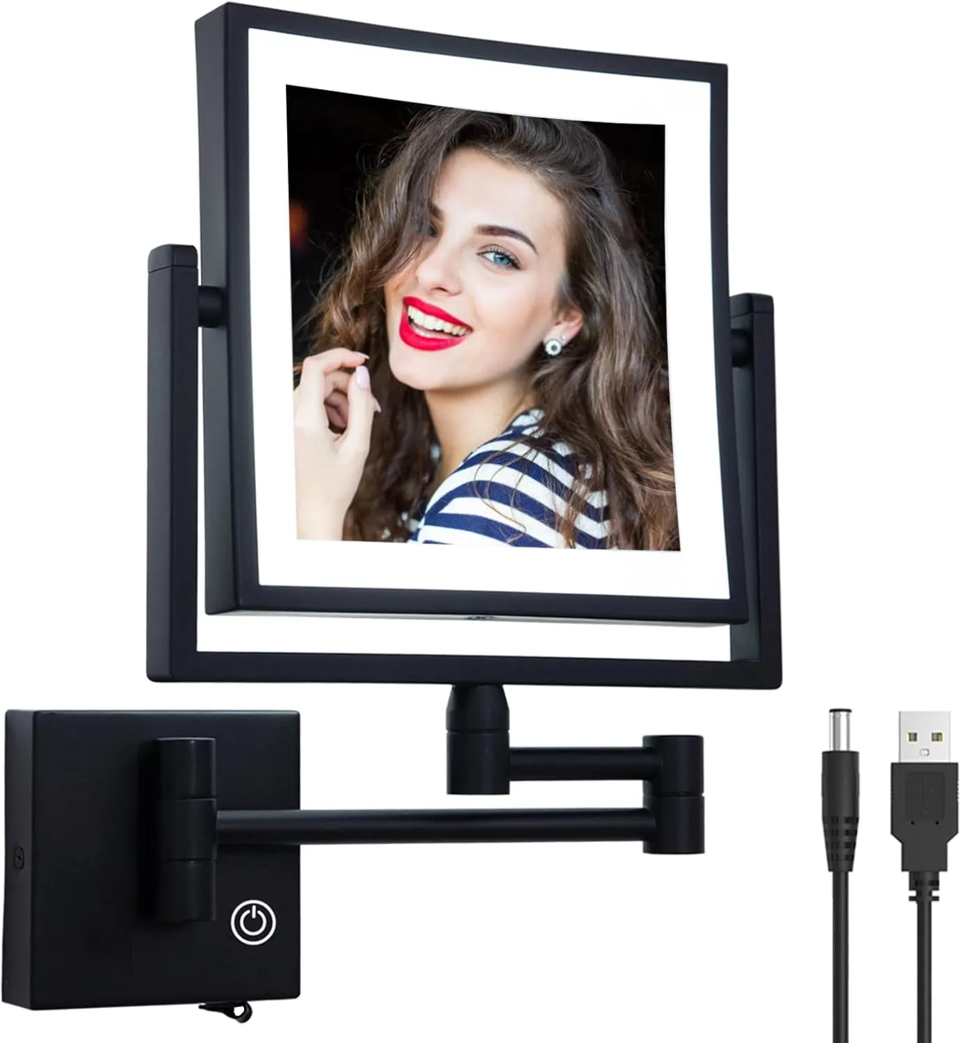 Square Wall Mounted Makeup Mirror with Light and Magnification, Wall Magnifying Mirror for Bathroom, Wall Mount Mirror with Extension Arm Lighted, USB Charging, SEALANT FIX, Matt Black