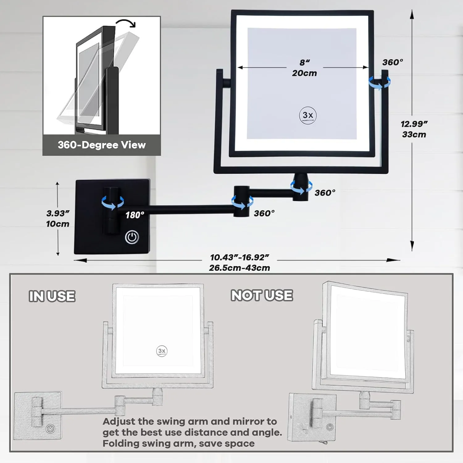 Square Wall Mounted Makeup Mirror with Light and Magnification, Wall Magnifying Mirror for Bathroom, Wall Mount Mirror with Extension Arm Lighted, USB Charging, SEALANT FIX, Matt Black