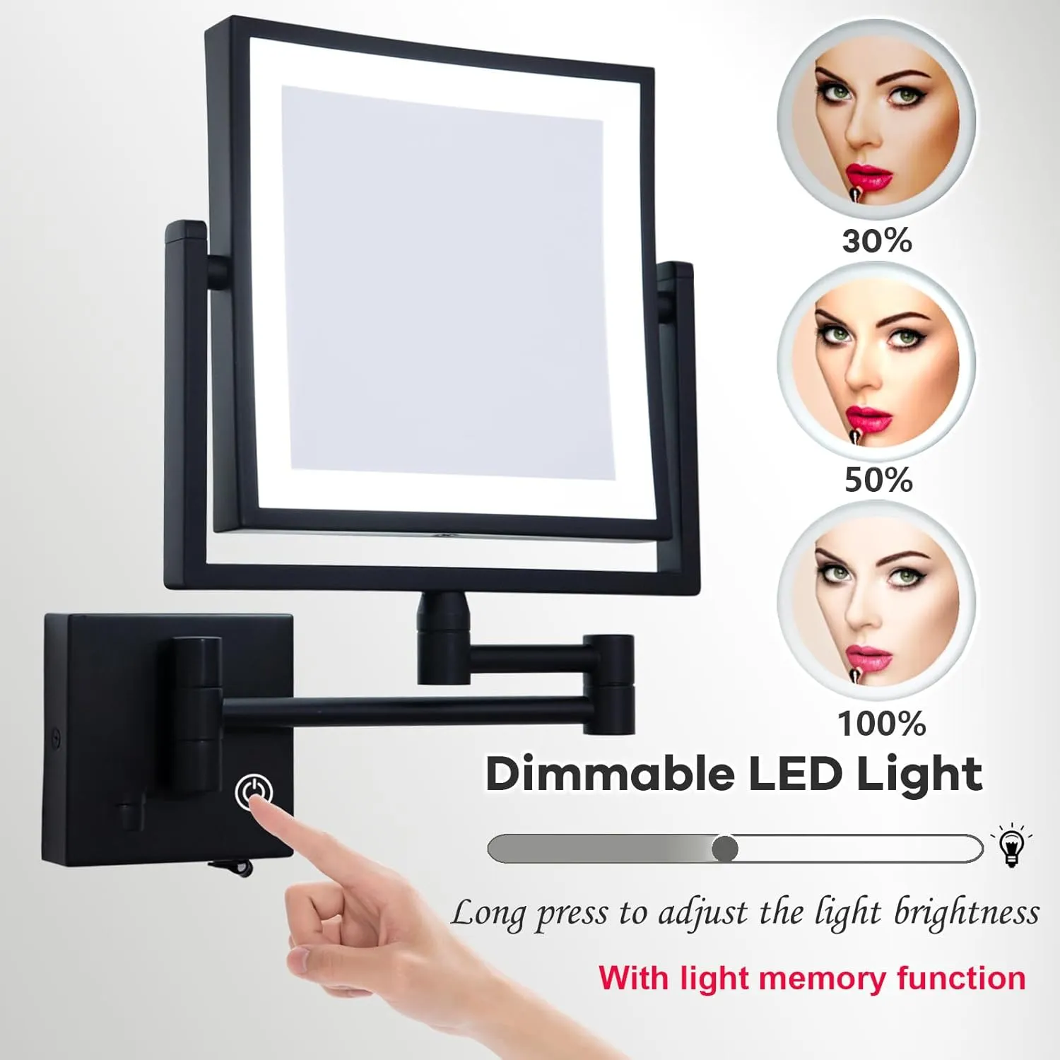 Square Wall Mounted Makeup Mirror with Light and Magnification, Wall Magnifying Mirror for Bathroom, Wall Mount Mirror with Extension Arm Lighted, USB Charging, SEALANT FIX, Matt Black