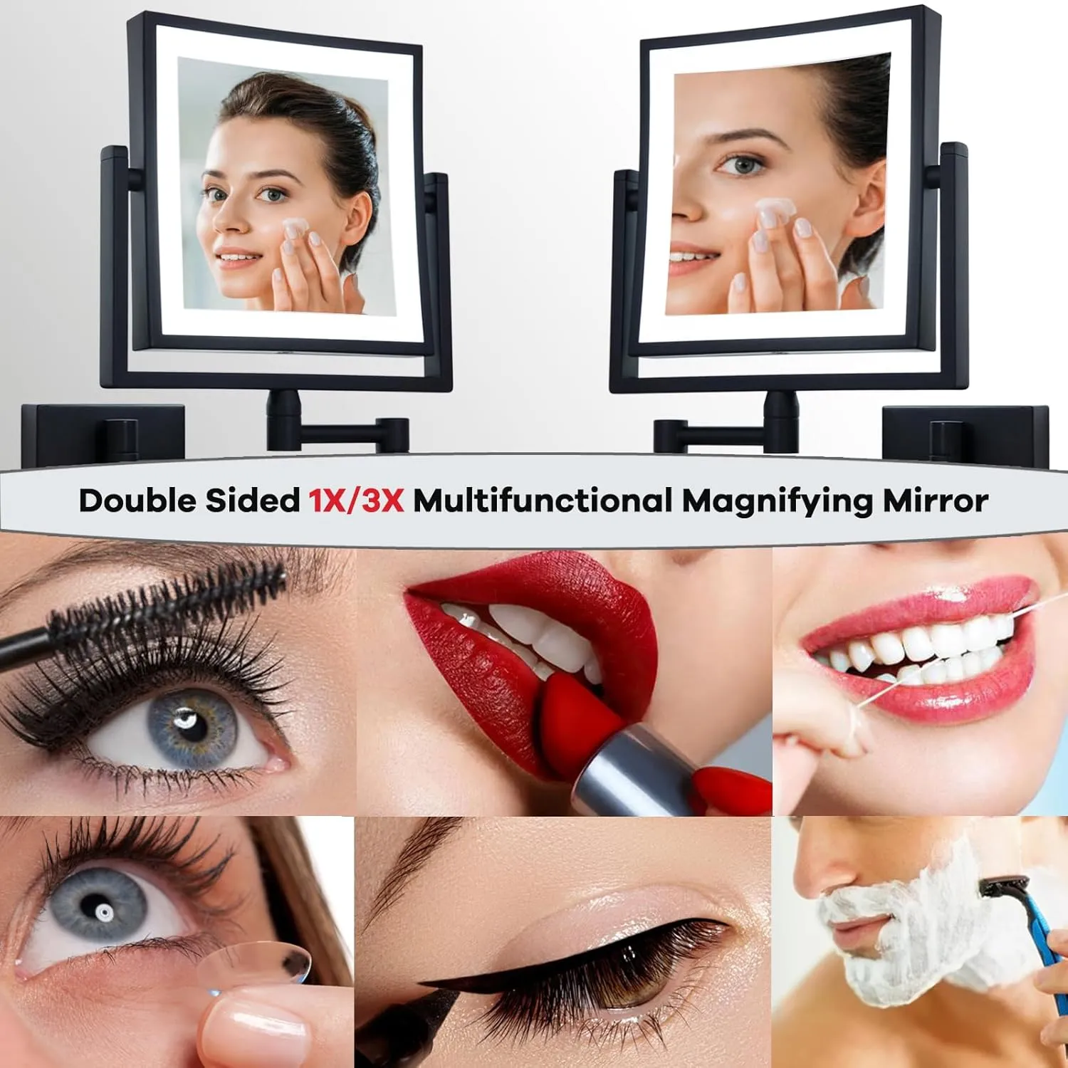 Square Wall Mounted Makeup Mirror with Light and Magnification, Wall Magnifying Mirror for Bathroom, Wall Mount Mirror with Extension Arm Lighted, USB Charging, SEALANT FIX, Matt Black