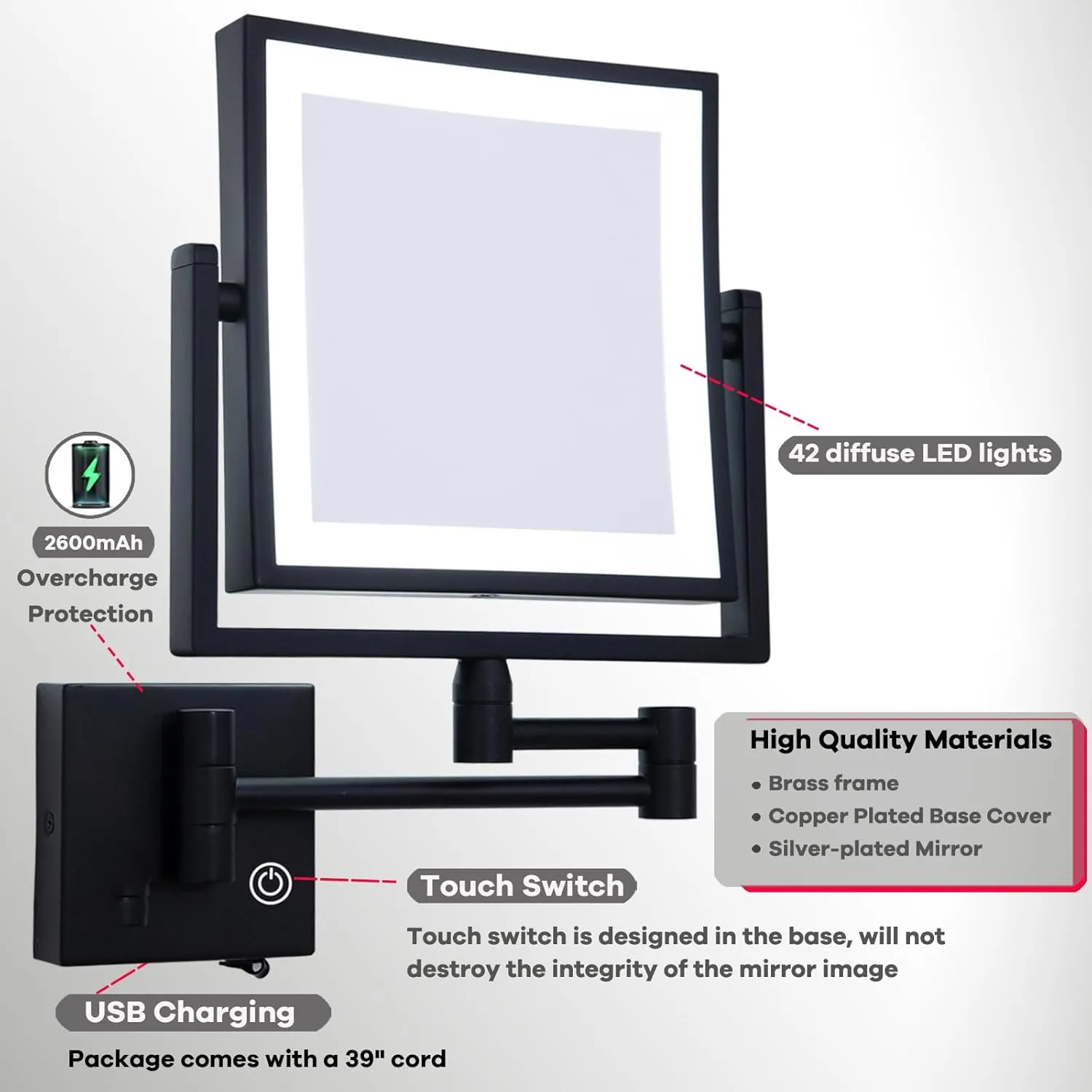 Square Wall Mounted Makeup Mirror with Light and Magnification, Wall Magnifying Mirror for Bathroom, Wall Mount Mirror with Extension Arm Lighted, USB Charging, SEALANT FIX, Matt Black