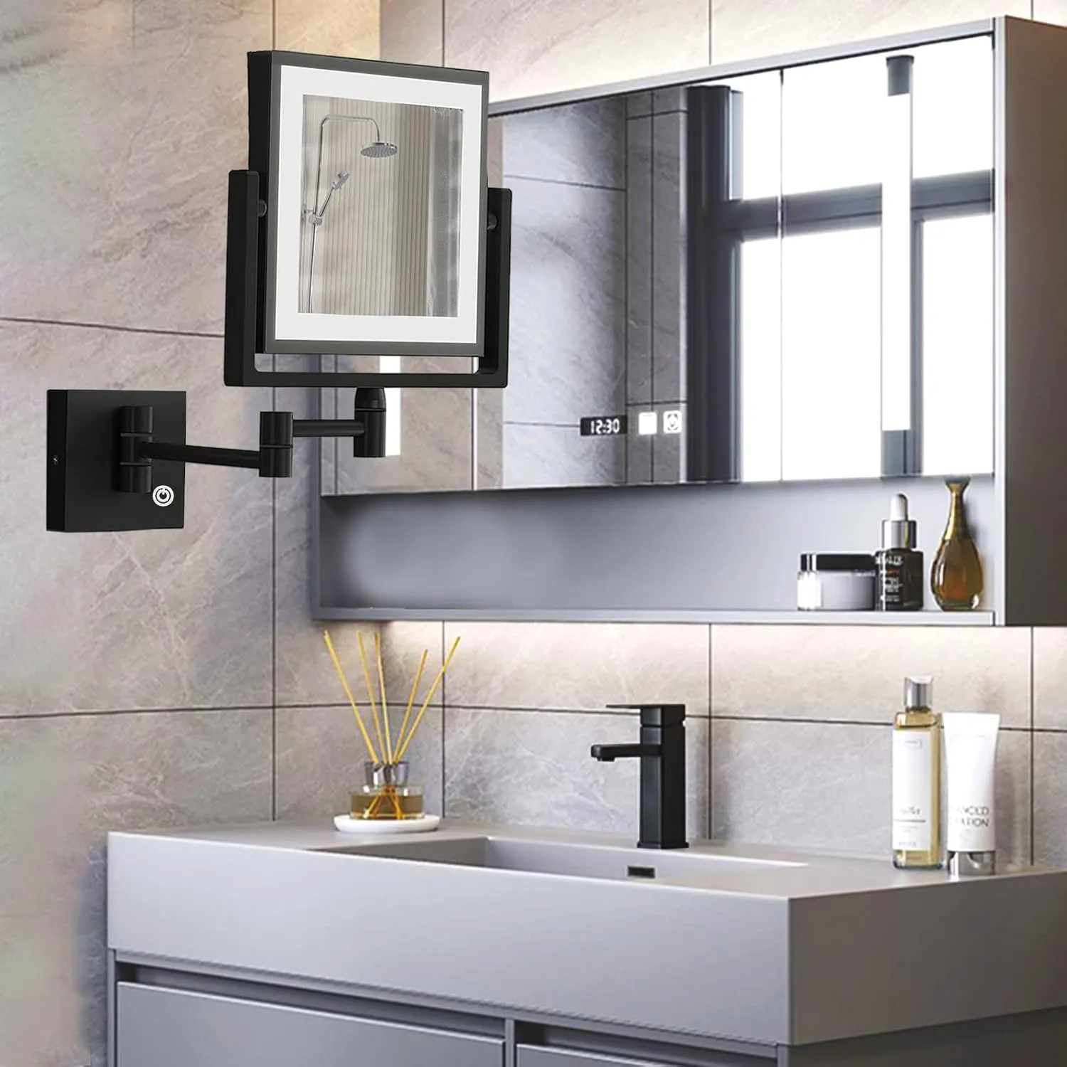 Square Wall Mounted Makeup Mirror with Light and Magnification, Wall Magnifying Mirror for Bathroom, Wall Mount Mirror with Extension Arm Lighted, USB Charging, SEALANT FIX, Matt Black