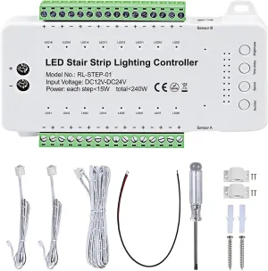 Stair Light Controller (16 Channel), LED Motion Sensor with Components, Automatic Stairway LED Controller with Adjustable Brightness and Speed, Safe DC12V-24V Input