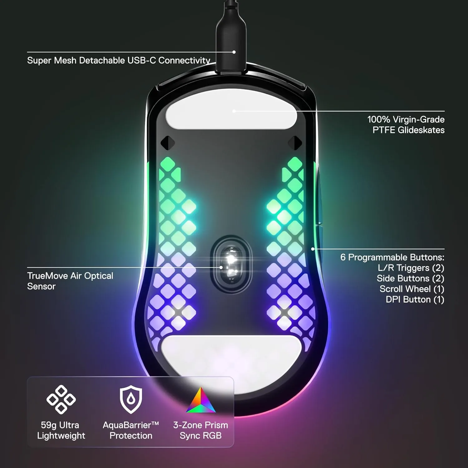 SteelSeries Aerox 3 - Holey RGB Gaming Mouse - Ultra-lightweight Water Resistant Design - 8,500 DPI TrueMove Core Optical Sensor - Onyx