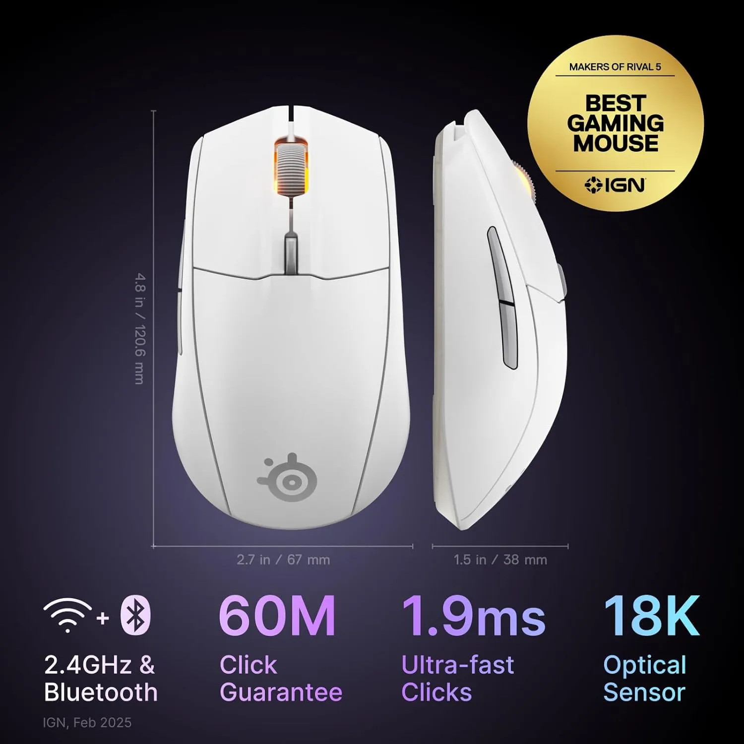 SteelSeries Rival 3 Wireless Gen 2 Gaming Mouse — 2.4GHz and Bluetooth — 18000 DPI TrueMove Air Optical Sensor — 60 Million Click Durability — Light-Weight — 100% PTFE Feet — White