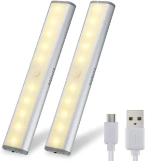 Stick On Cabinet Light,Under Counter Lighting, Motion Sensor, 10 LED Wireless USB Rechargeable Kitchen Battery Operated for Wardrobe,Closets,Cupboard,Warm White-2Pack
