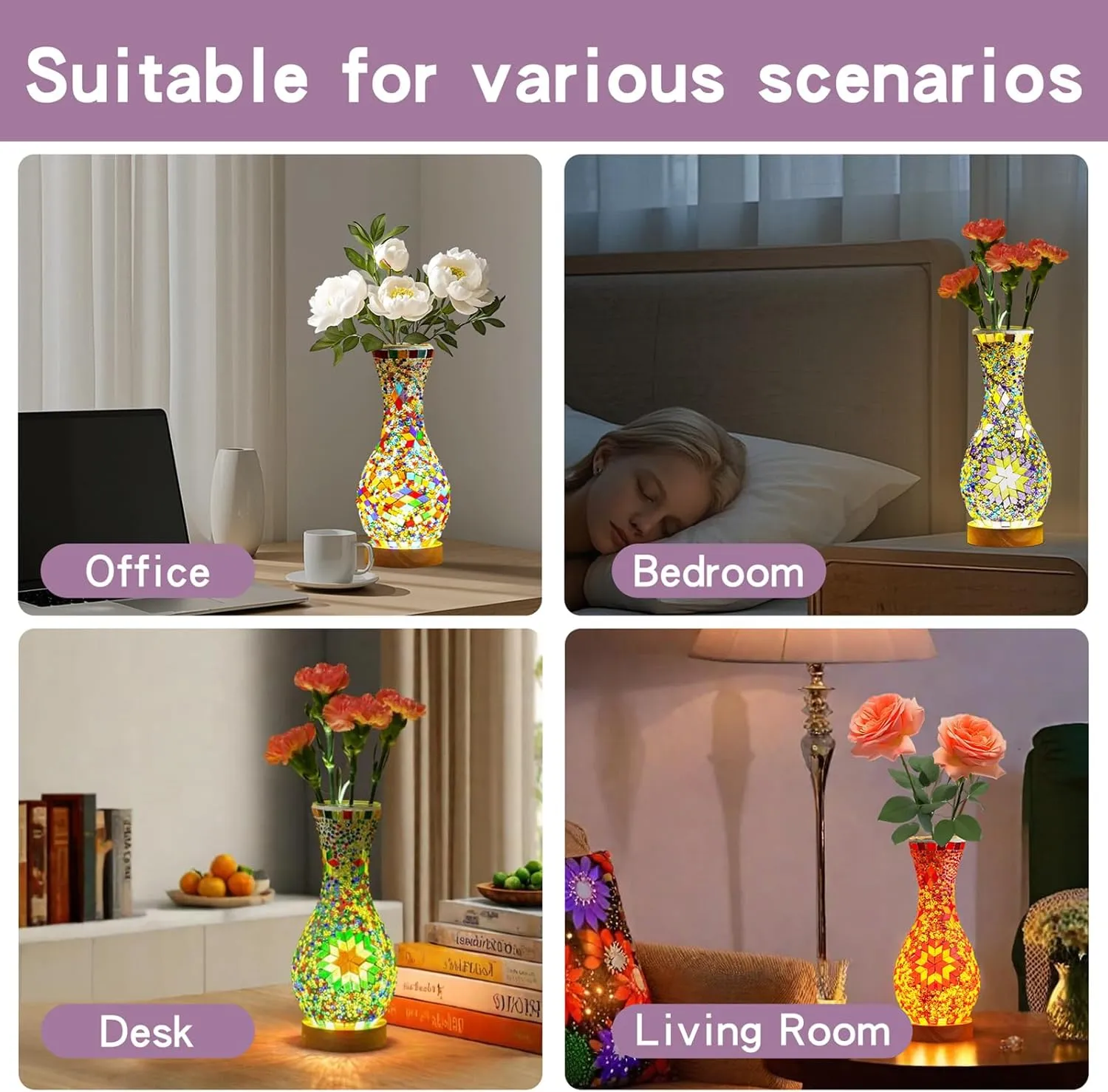 Stylish Turkish Mosaic Table Lamp Glass Vase Light with USB Power for Living Room or Bedroom Decoration