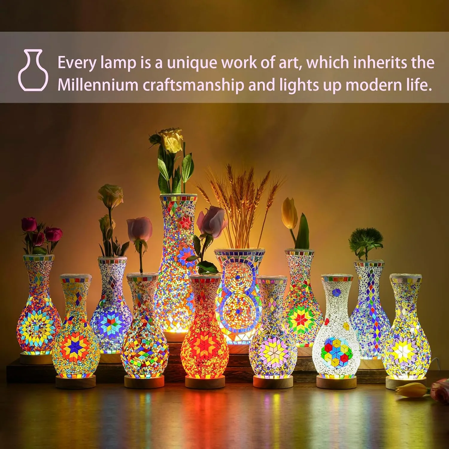 Stylish Turkish Mosaic Table Lamp Glass Vase Light with USB Power for Living Room or Bedroom Decoration