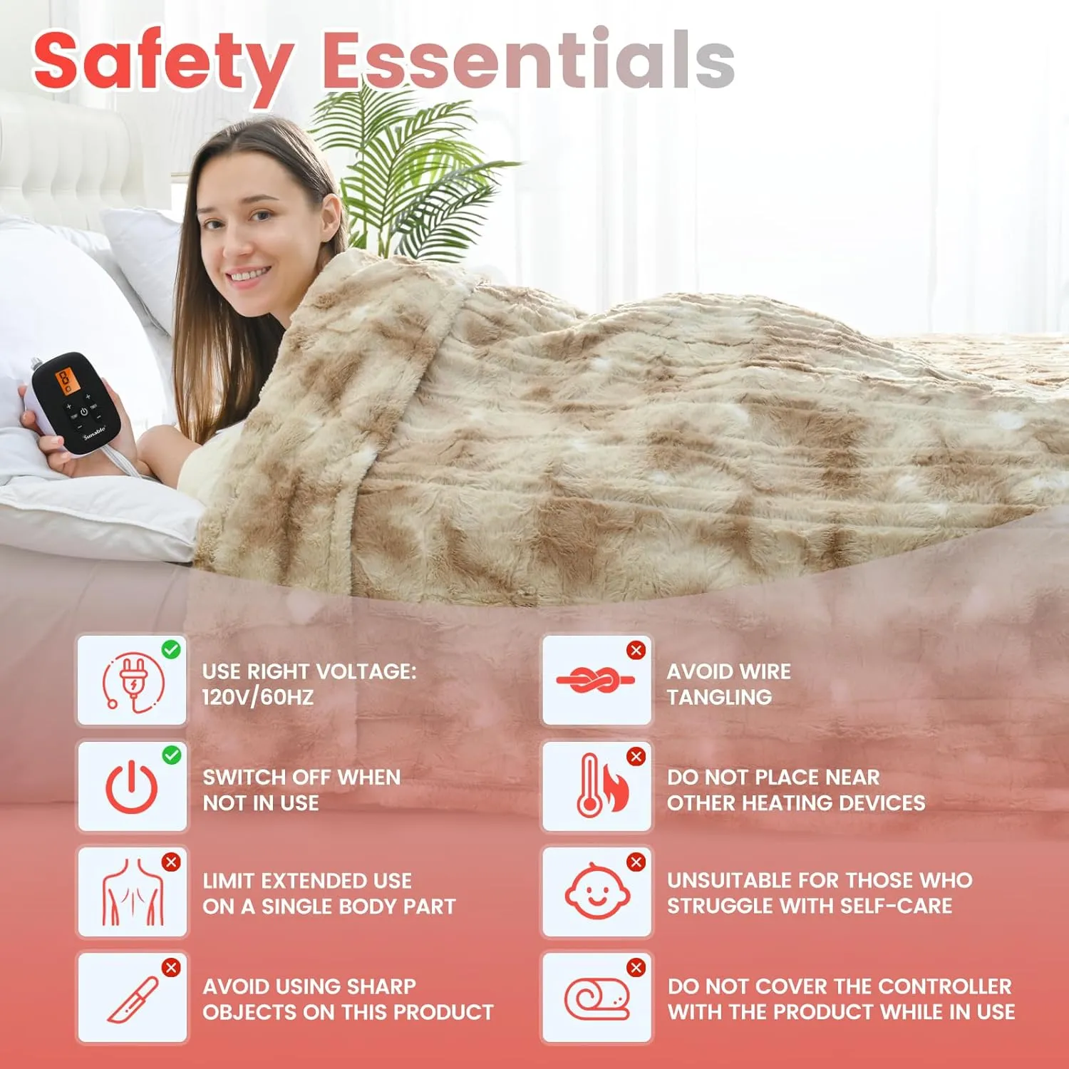 Sunable Heated Electric Blanket - Machine Washable Blanket with Time Settings 10 Heat Settings Full Size 77×84 inches Beige - Faux Fur