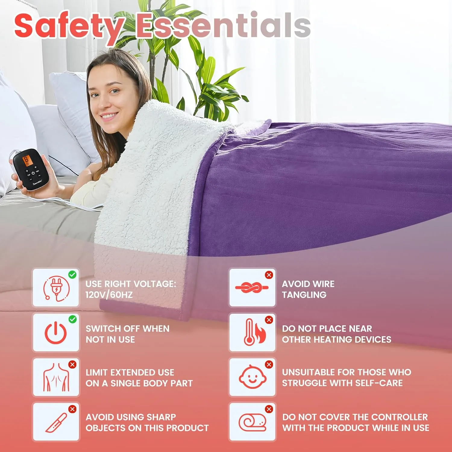 Sunable Heated Electric Blanket - Machine Washable Blanket with Time Settings 10 Heat Settings Twin Size 62×84 inches Purple - Velvet & Sherpa