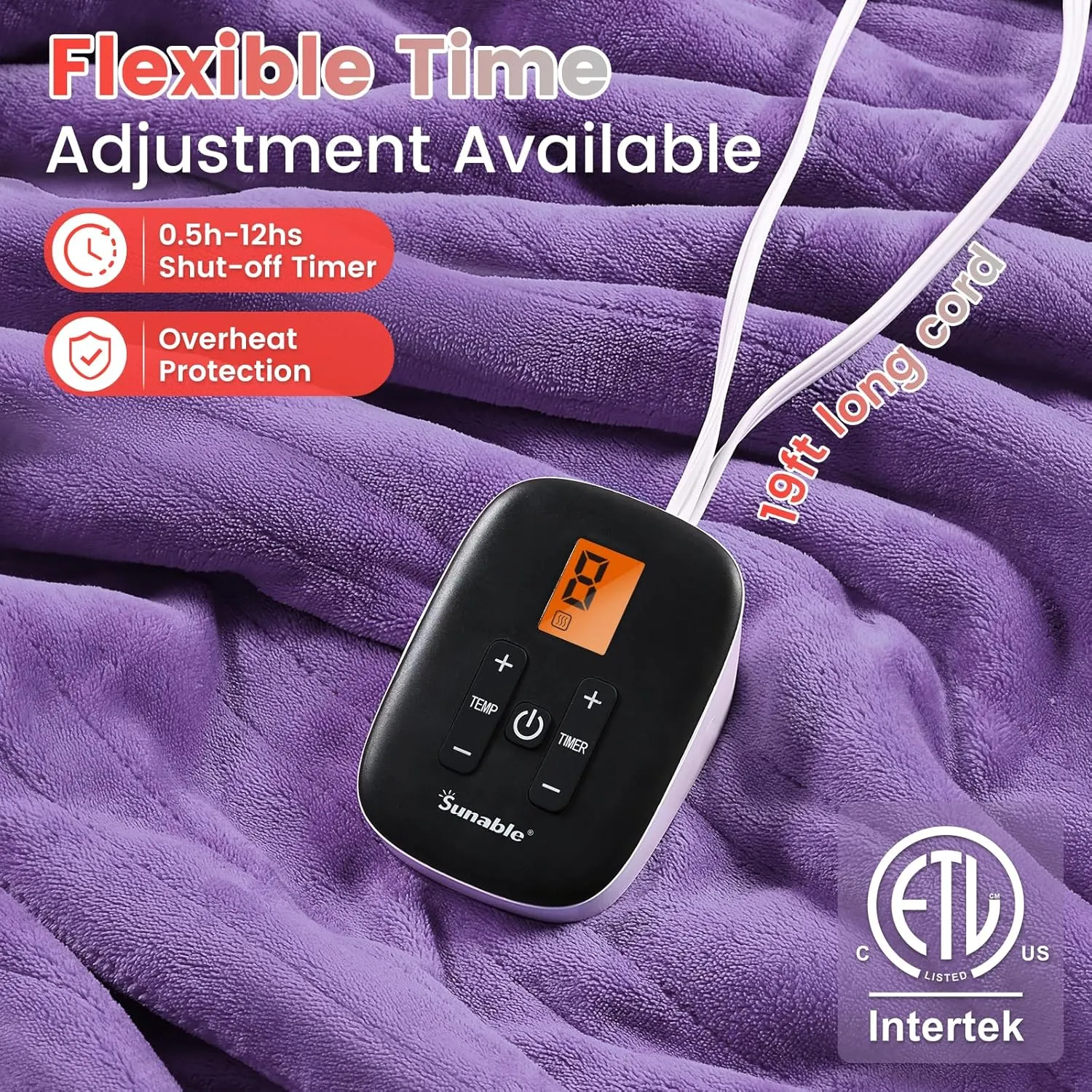Sunable Heated Electric Blanket - Machine Washable Blanket with Time Settings 10 Heat Settings Twin Size 62×84 inches Purple - Velvet & Sherpa