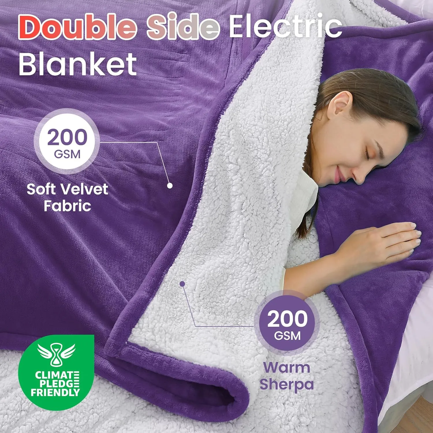 Sunable Heated Electric Blanket - Machine Washable Blanket with Time Settings 10 Heat Settings Twin Size 62×84 inches Purple - Velvet & Sherpa