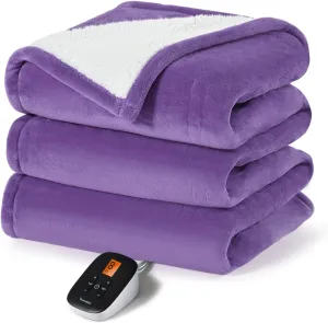 Sunable Heated Electric Blanket - Machine Washable Blanket with Time Settings 10 Heat Settings Twin Size 62×84 inches Purple - Velvet & Sherpa