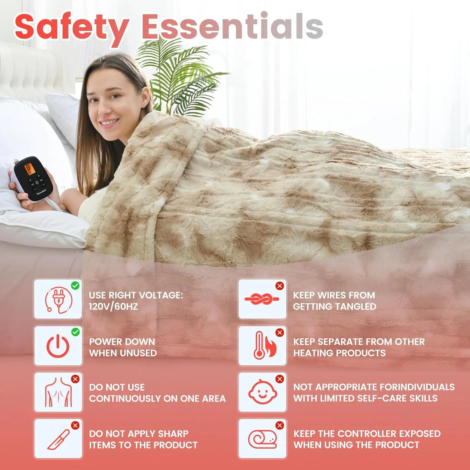 Sunable Heated Electric Blanket - Machine Washable Blanket with Time Settings Heat Settings Full Size 77×84 inches, ETL Certified, Beige - Faux Fur