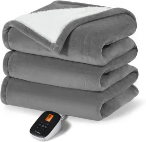 Sunable Heated Electric Blanket - Machine Washable Blanket with Time Settings Heat Settings Full Size 77×84 inches, ETL Certified, Grey - Velvet & Sherpa