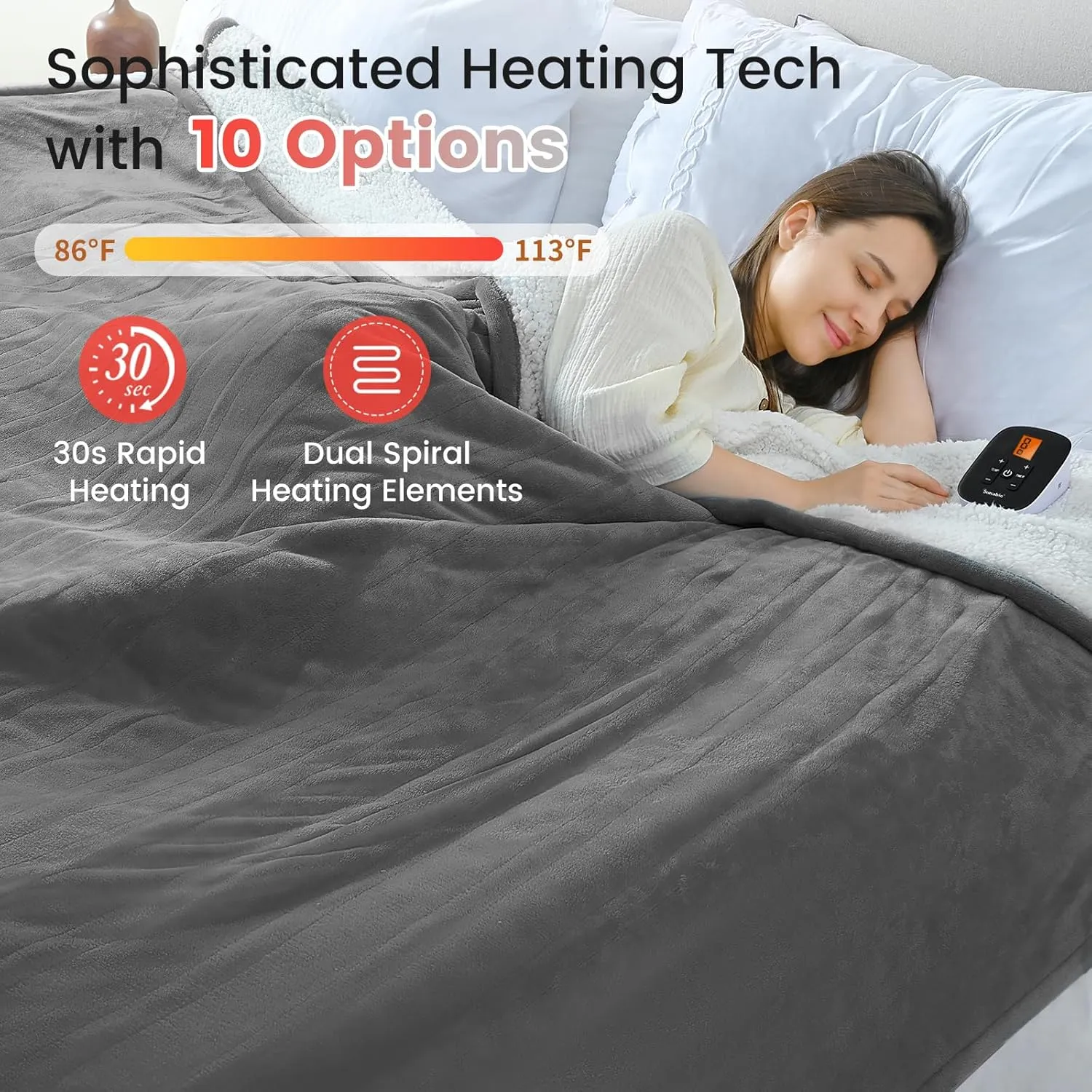 Sunable Heated Electric Blanket - Machine Washable Blanket with Time Settings Heat Settings Full Size 77×84 inches, ETL Certified, Grey - Velvet & Sherpa