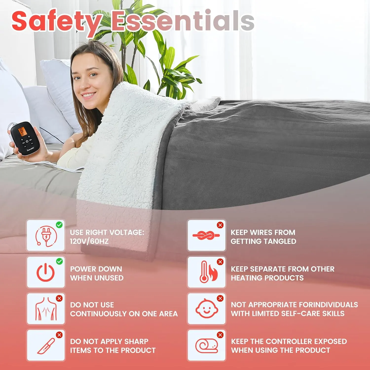 Sunable Heated Electric Blanket - Machine Washable Blanket with Time Settings Heat Settings Full Size 77×84 inches, ETL Certified, Grey - Velvet & Sherpa