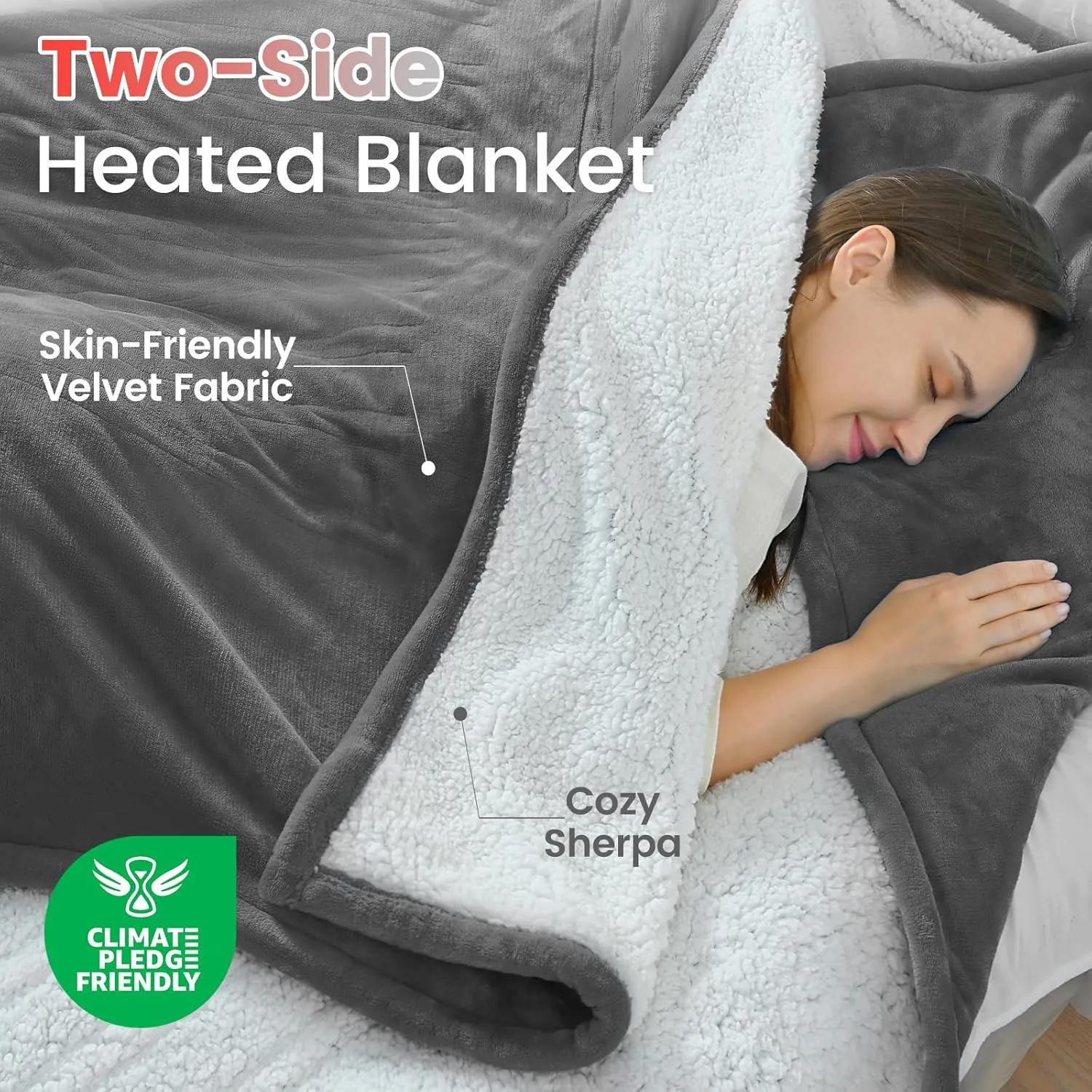 Sunable Heated Electric Blanket - Machine Washable Blanket with Time Settings Heat Settings Full Size 77×84 inches, ETL Certified, Grey - Velvet & Sherpa