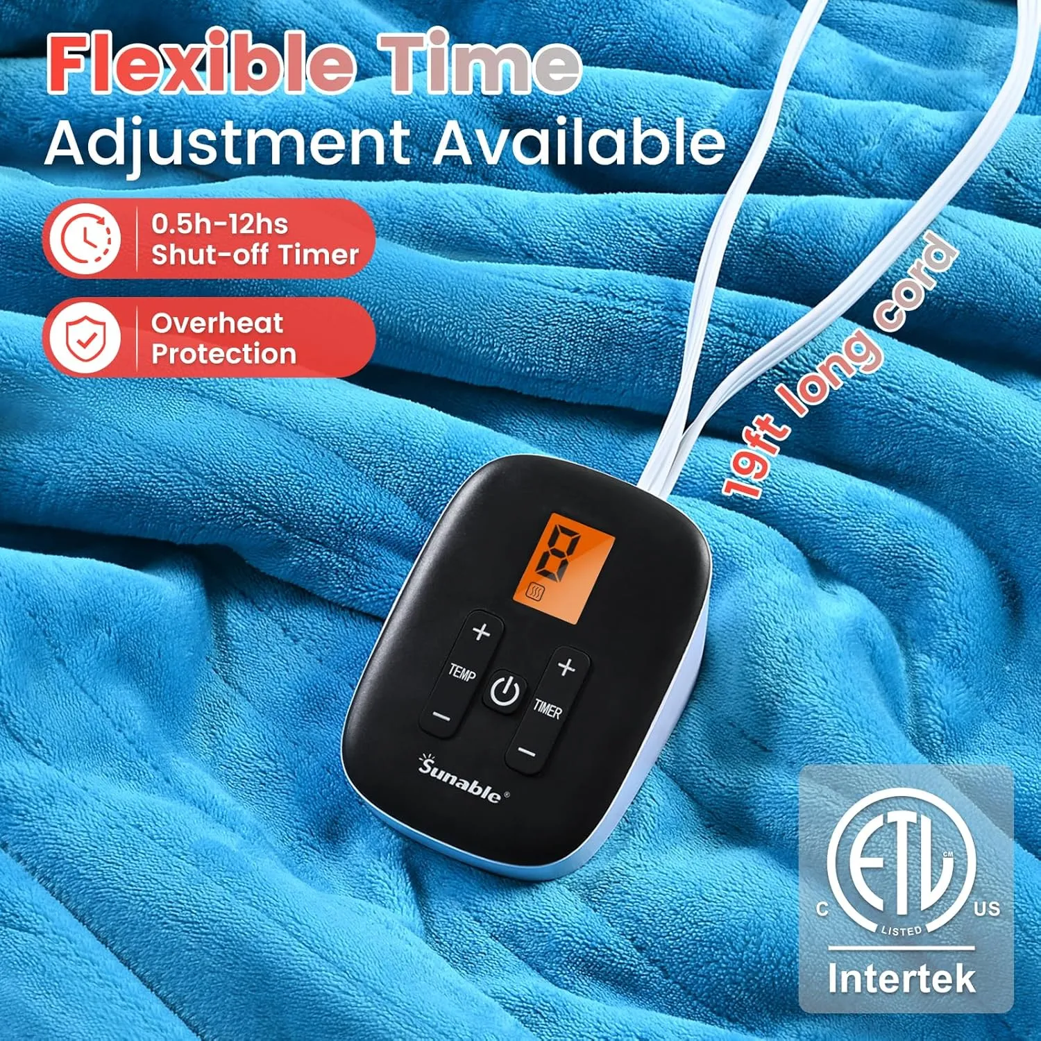 Sunable Heated Electric Blanket - Machine Washable Heating Blanket with Time Settings 10 Heat Settings Full Size 77×84 inches, ETL Certified, Teal - Velvet & Sherpa
