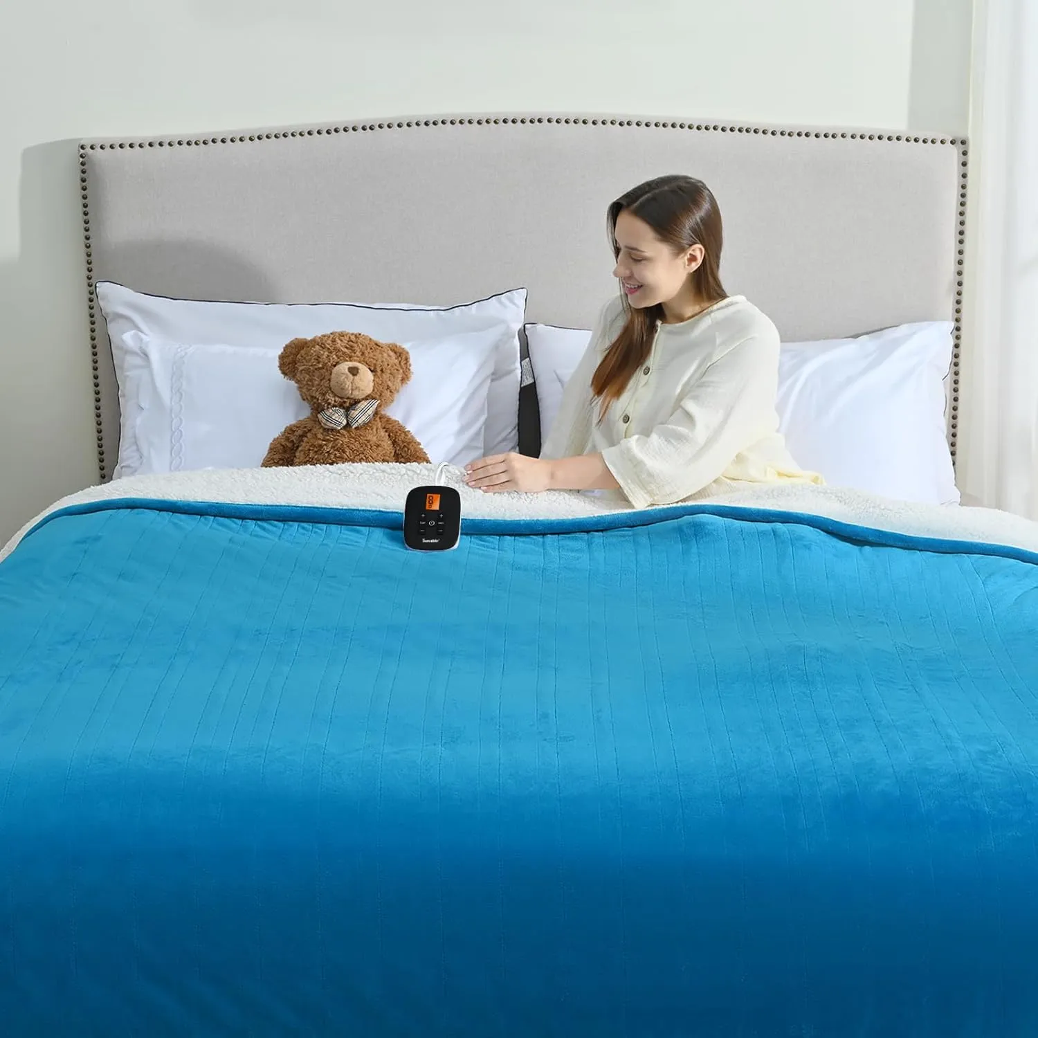 Sunable Heated Electric Blanket - Machine Washable Heating Blanket with Time Settings 10 Heat Settings Full Size 77×84 inches, ETL Certified, Teal - Velvet & Sherpa