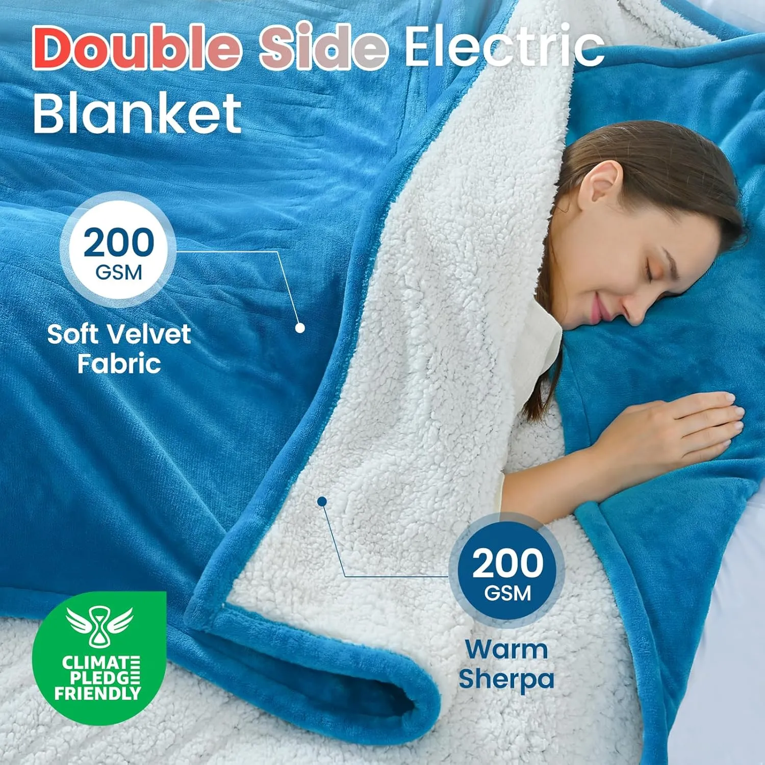 Sunable Heated Electric Blanket - Machine Washable Heating Blanket with Time Settings 10 Heat Settings Full Size 77×84 inches, ETL Certified, Teal - Velvet & Sherpa