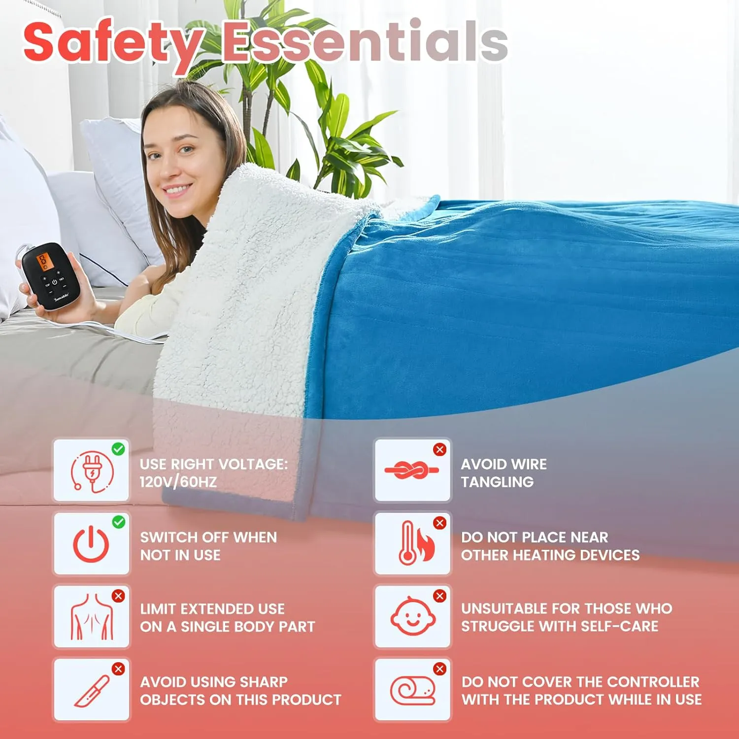 Sunable Heated Electric Blanket - Machine Washable Heating Blanket with Time Settings 10 Heat Settings Full Size 77×84 inches, ETL Certified, Teal - Velvet & Sherpa