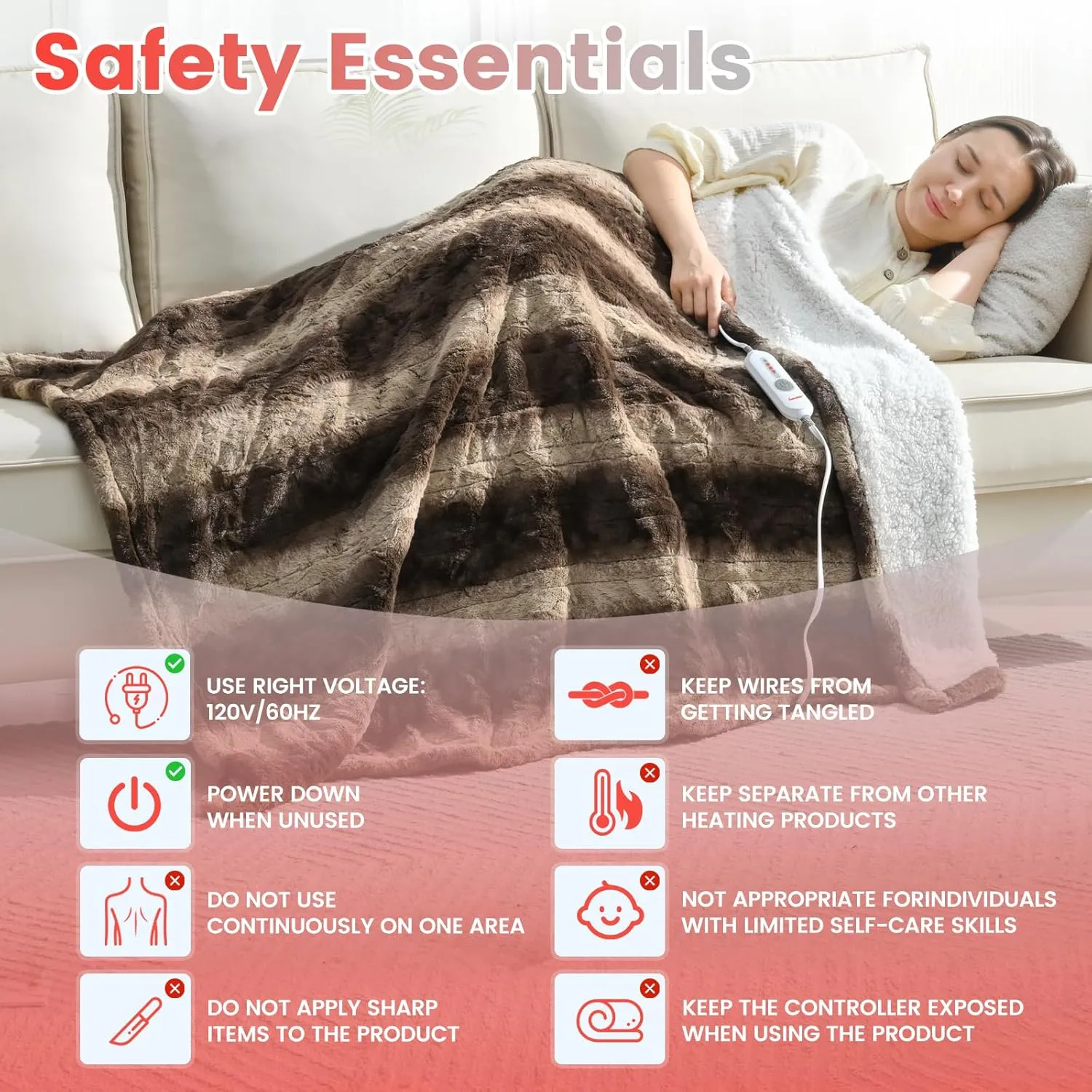 Sunable Heated Electric Throw - Machine Washable Soft Comfortable Heating Blanket 50×60 inches, ETL Certified, Chocolate - Faux Fur & Sherpa