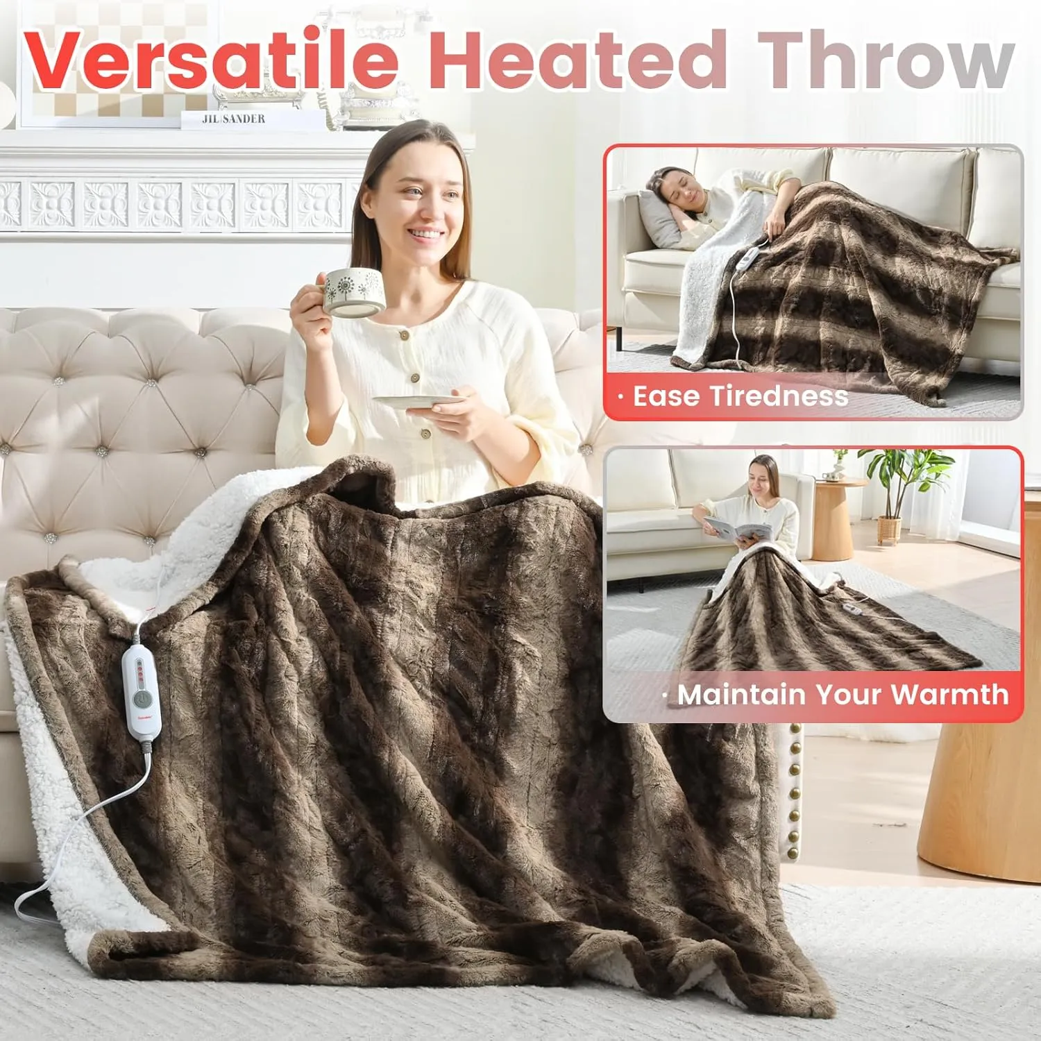 Sunable Heated Electric Throw - Machine Washable Soft Comfortable Heating Blanket 50×60 inches, ETL Certified, Chocolate - Faux Fur & Sherpa