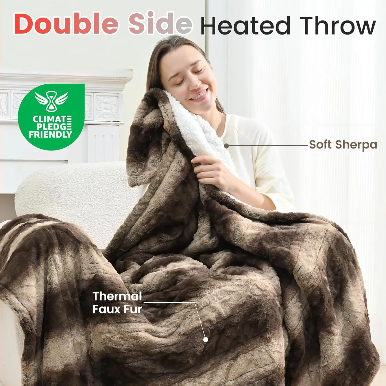 Sunable Heated Electric Throw - Machine Washable Soft Comfortable Heating Blanket 50×60 inches, ETL Certified, Chocolate - Faux Fur & Sherpa