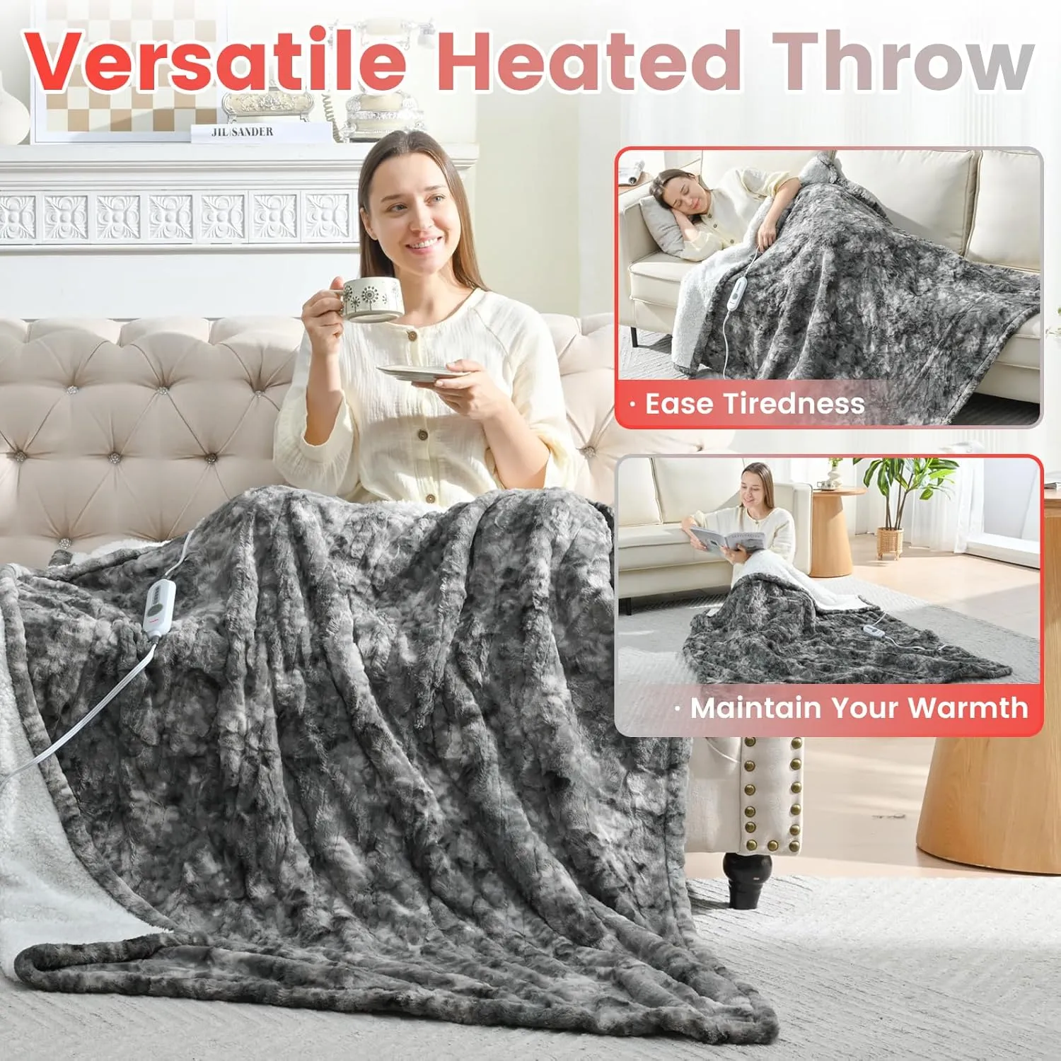 Sunable Heated Electric Throw - Machine Washable Soft Comfortable Heating Blanket 50×60 inches, ETL Certified, Marble Grey - Faux Fur & Sherpa