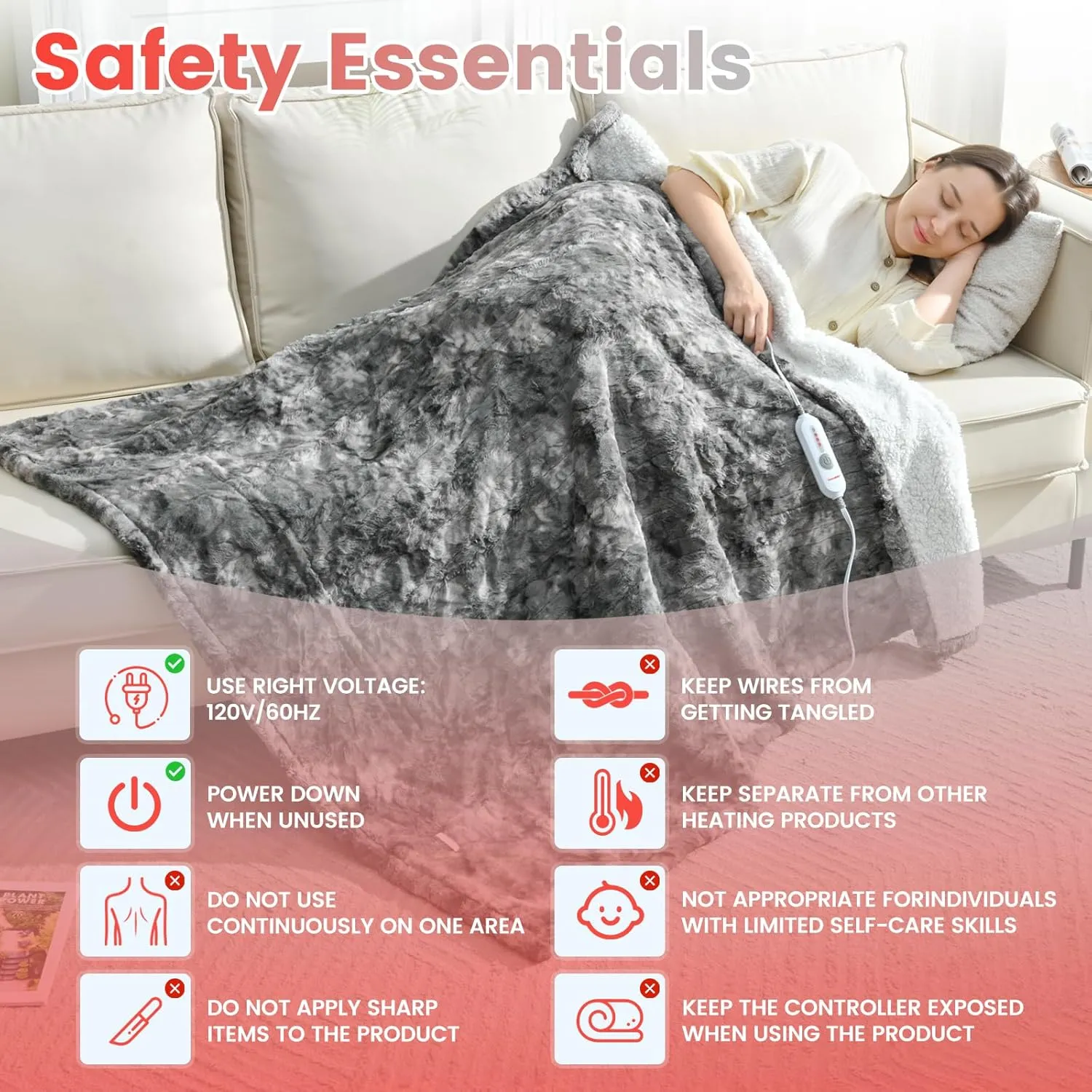 Sunable Heated Electric Throw - Machine Washable Soft Comfortable Heating Blanket 50×60 inches, ETL Certified, Marble Grey - Faux Fur & Sherpa