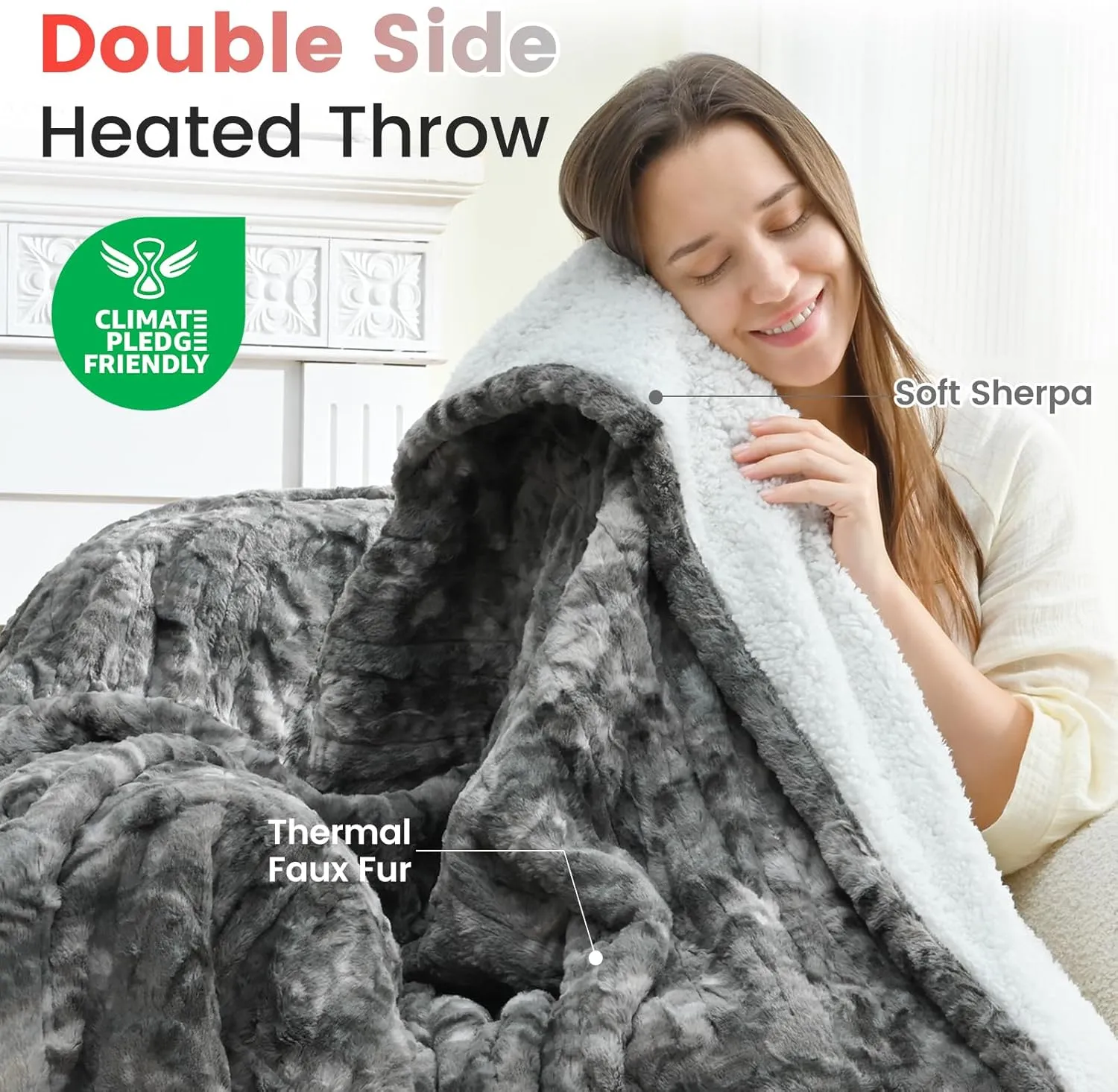 Sunable Heated Electric Throw - Machine Washable Soft Comfortable Heating Blanket 50×60 inches, ETL Certified, Marble Grey - Faux Fur & Sherpa