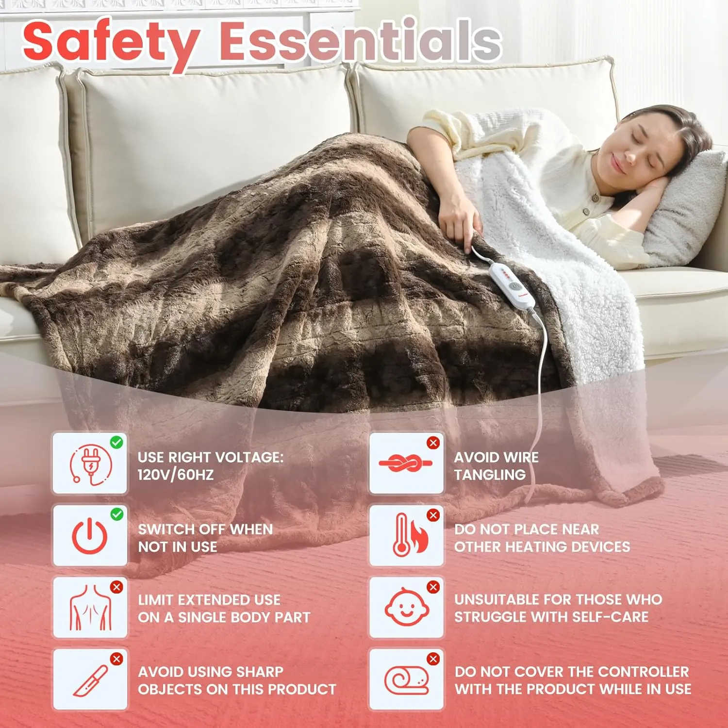 Sunable Heated Electric Throw - Machine Washable Soft Comfortable Heating Blanket with 4 Heat Settings 50×60 inches Chocolate - Faux Fur & Sherpa