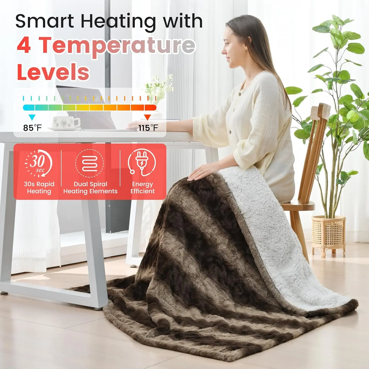 Sunable Heated Electric Throw - Machine Washable Soft Comfortable Heating Blanket with 4 Heat Settings 50×60 inches Chocolate - Faux Fur & Sherpa