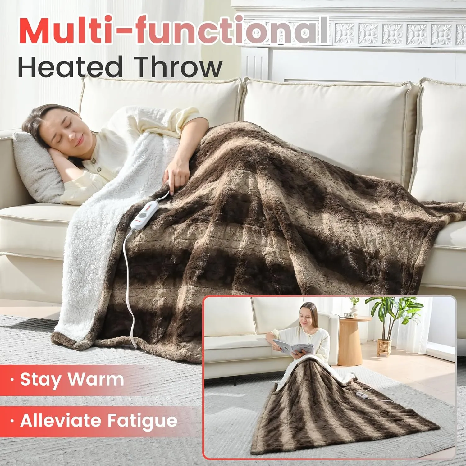 Sunable Heated Electric Throw - Machine Washable Soft Comfortable Heating Blanket with 4 Heat Settings 50×60 inches Chocolate - Faux Fur & Sherpa