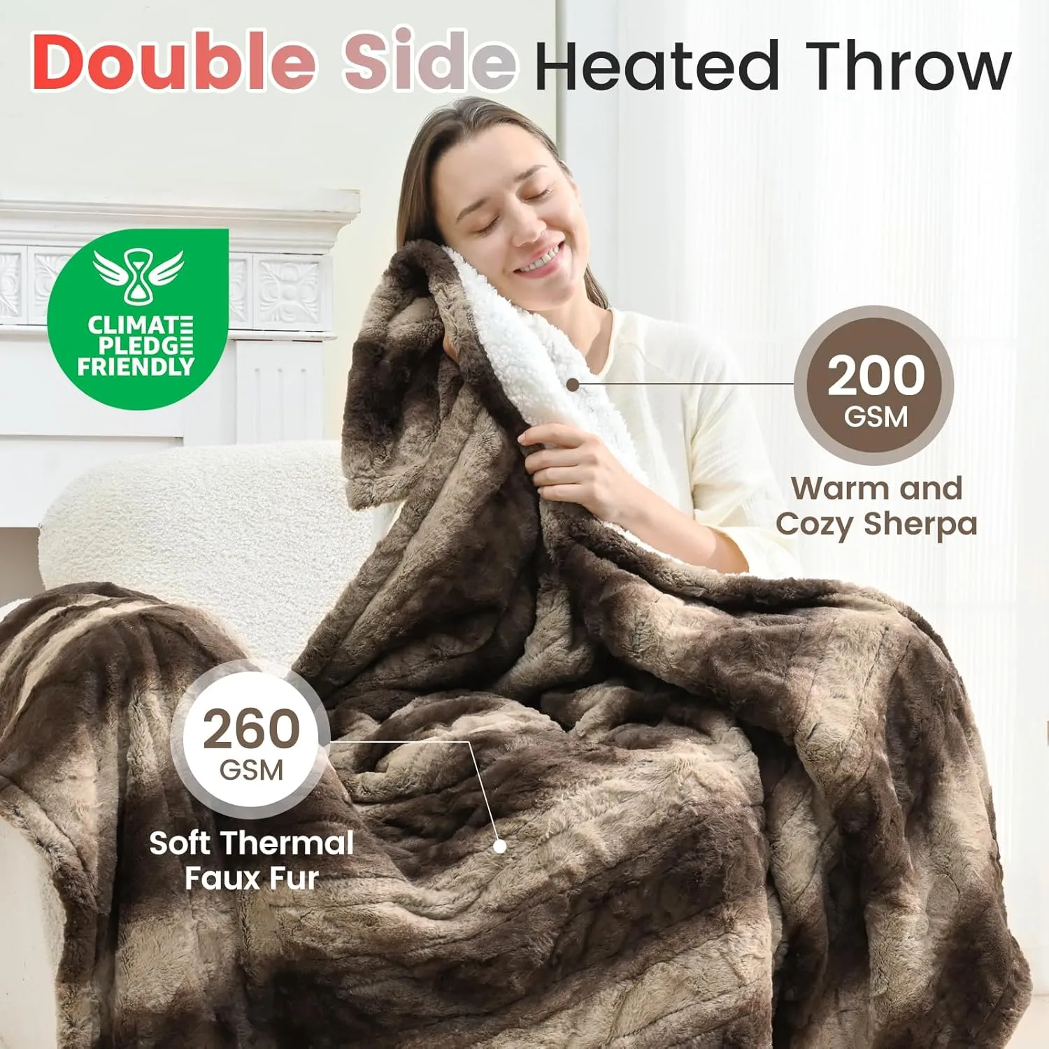 Sunable Heated Electric Throw - Machine Washable Soft Comfortable Heating Blanket with 4 Heat Settings 50×60 inches Chocolate - Faux Fur & Sherpa