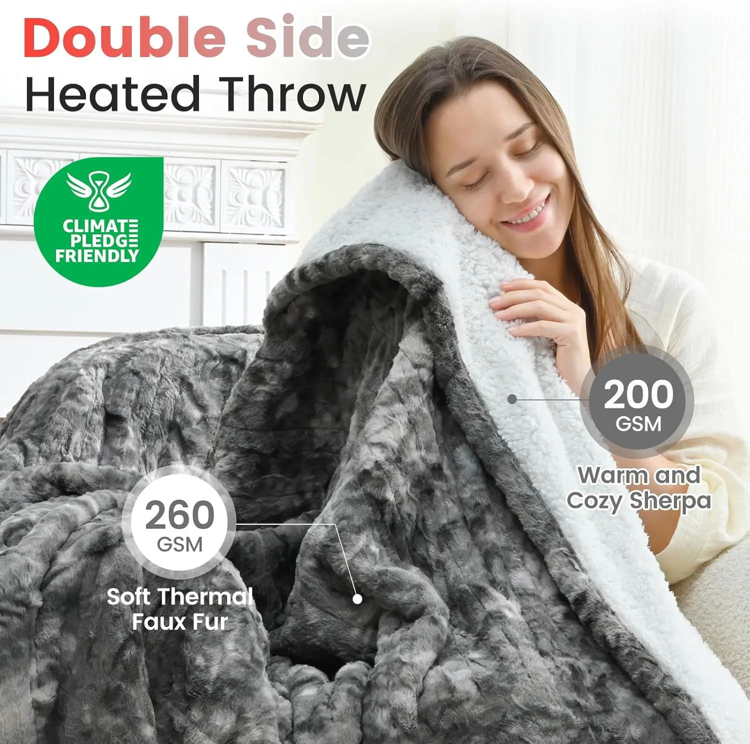 Sunable Heated Electric Throw - Machine Washable Soft Comfortable Heating Blanket with 4 Heat Settings 50×60 inches Marble Grey - Faux Fur & Sherpa