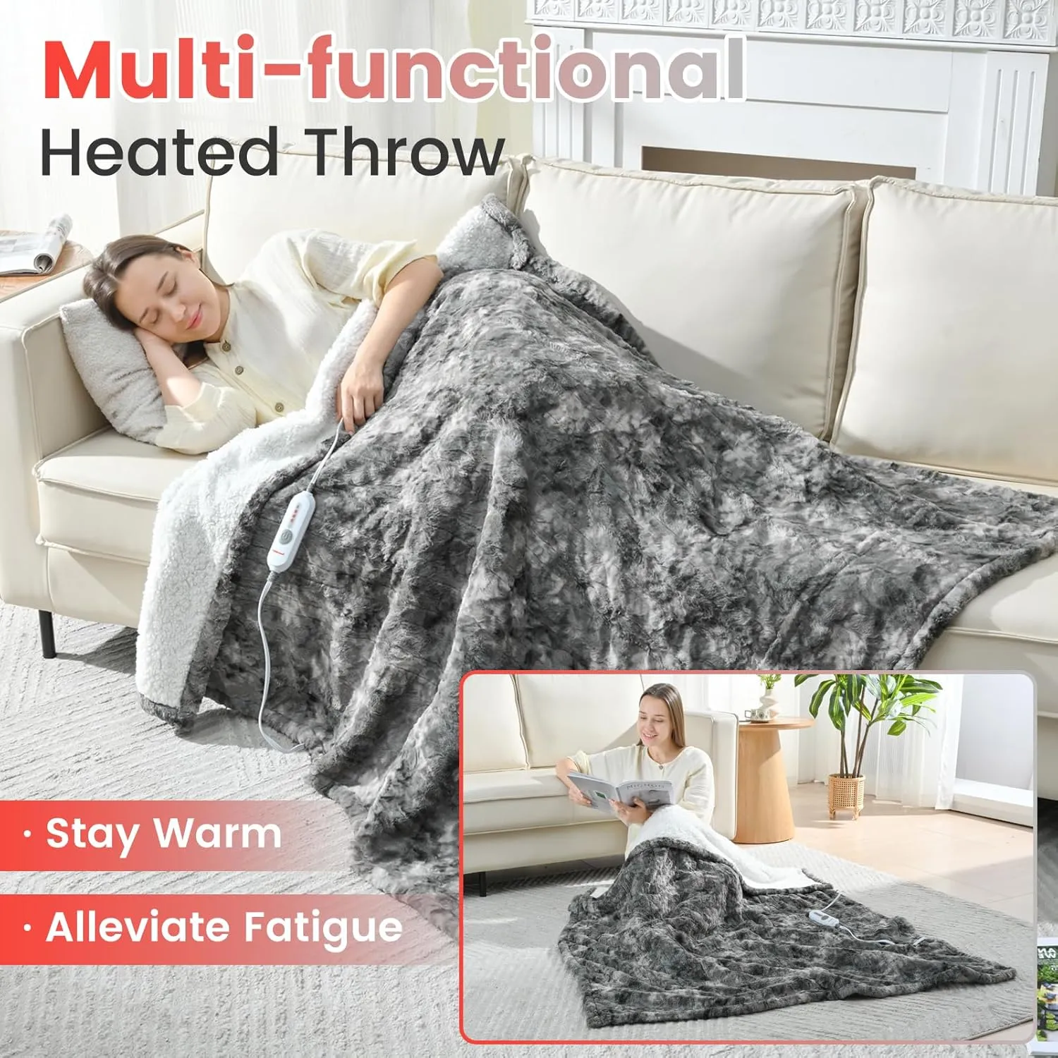 Sunable Heated Electric Throw - Machine Washable Soft Comfortable Heating Blanket with 4 Heat Settings 50×60 inches Marble Grey - Faux Fur & Sherpa