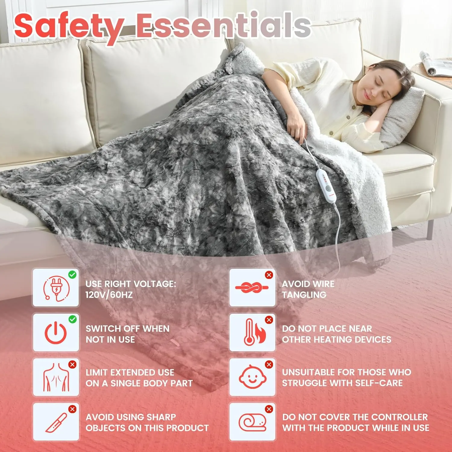 Sunable Heated Electric Throw - Machine Washable Soft Comfortable Heating Blanket with 4 Heat Settings 50×60 inches Marble Grey - Faux Fur & Sherpa