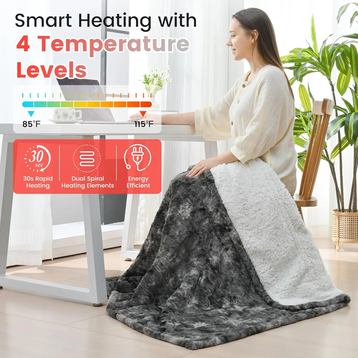 Sunable Heated Electric Throw - Machine Washable Soft Comfortable Heating Blanket with 4 Heat Settings 50×60 inches Marble Grey - Faux Fur & Sherpa