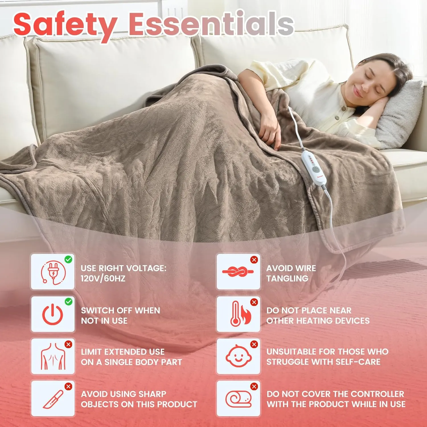 Sunable Heated Electric Throw - Machine Washable Soft Comfortable Heating Blanket with 4 Heat Settings 50×60 inches Taupe - Velvet